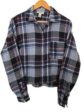✨ Just Polly Cropped Plaid Flannel Shirt Cozy Oversized Button Front M
